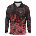 Essendon Bombers ANZAC Day Long Sleeve Polo Shirt Indigenous Dot Art with Poppy Flower Tribute