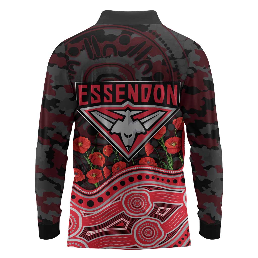 Essendon Bombers ANZAC Day Long Sleeve Polo Shirt Indigenous Dot Art with Poppy Flower Tribute