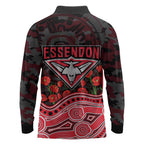 Essendon Bombers ANZAC Day Long Sleeve Polo Shirt Indigenous Dot Art with Poppy Flower Tribute