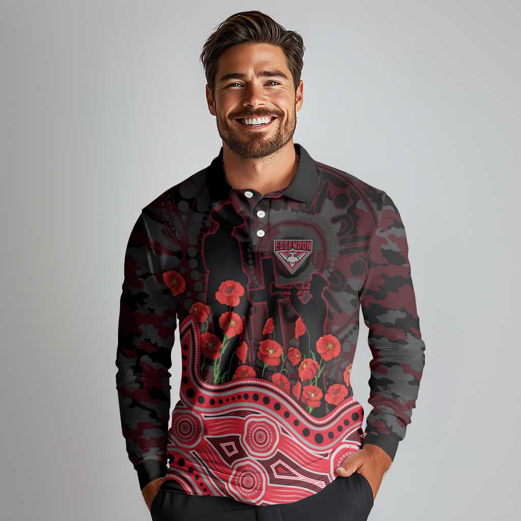 Essendon Bombers ANZAC Day Long Sleeve Polo Shirt Indigenous Dot Art with Poppy Flower Tribute
