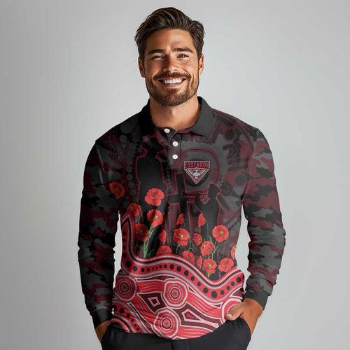 Essendon Bombers ANZAC Day Long Sleeve Polo Shirt Indigenous Dot Art with Poppy Flower Tribute
