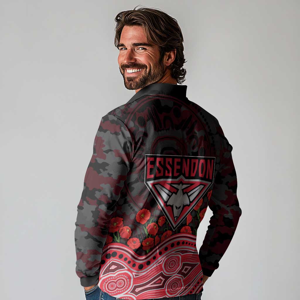 Essendon Bombers ANZAC Day Long Sleeve Polo Shirt Indigenous Dot Art with Poppy Flower Tribute