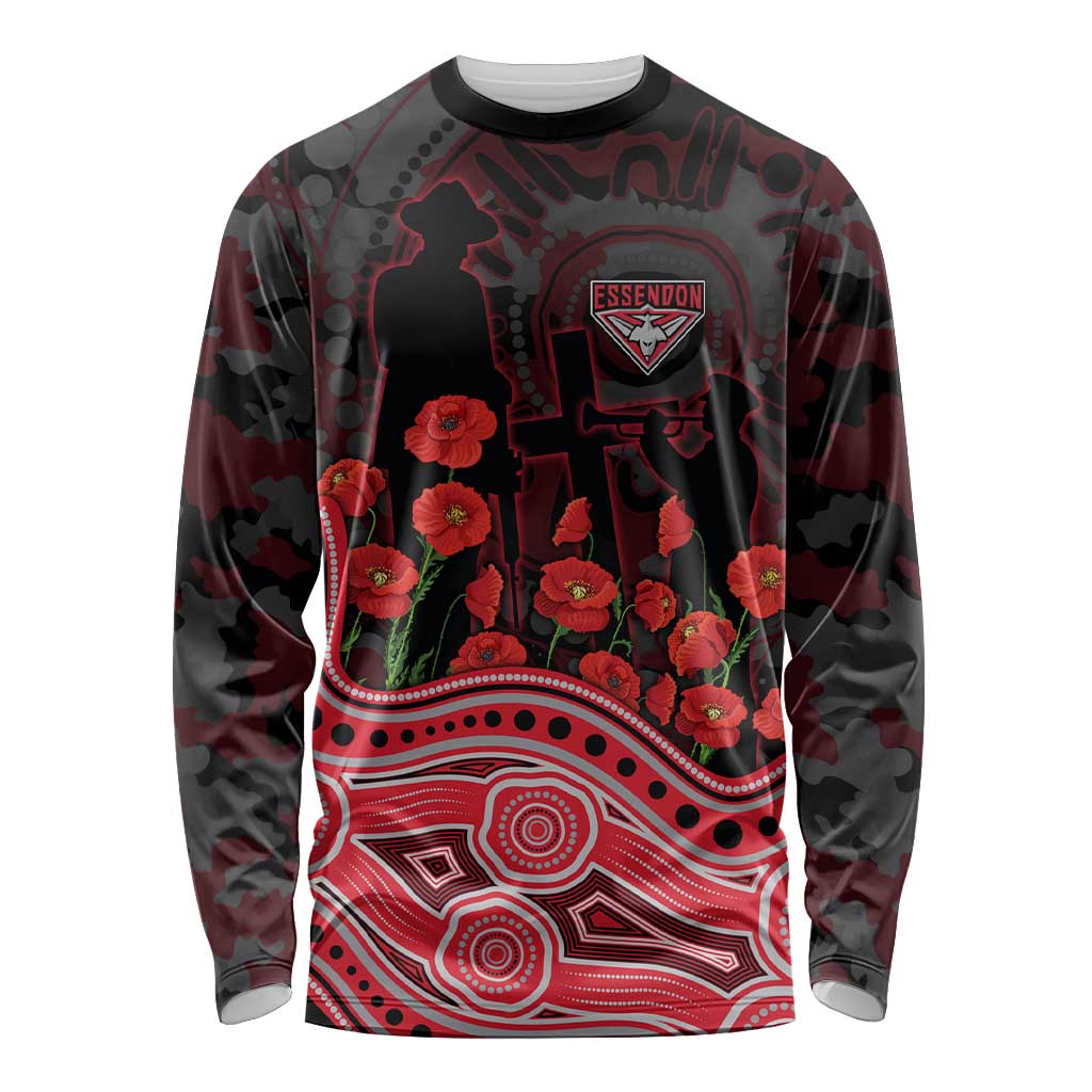 Essendon Bombers ANZAC Day Long Sleeve Shirt Indigenous Dot Art with Poppy Flower Tribute
