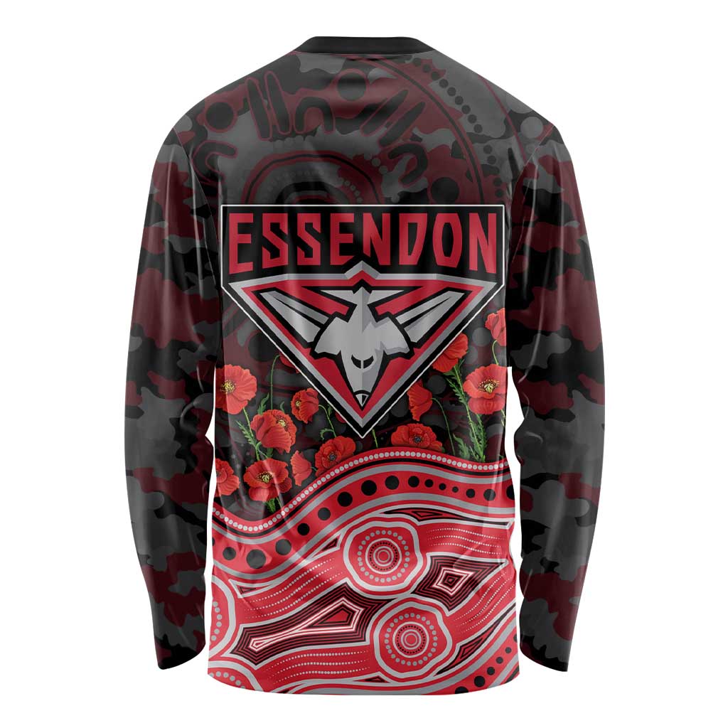 Essendon Bombers ANZAC Day Long Sleeve Shirt Indigenous Dot Art with Poppy Flower Tribute