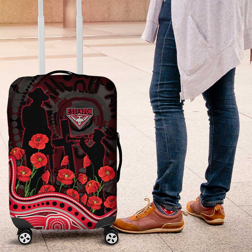 Essendon Bombers ANZAC Day Luggage Cover Indigenous Dot Art with Poppy Flower Tribute