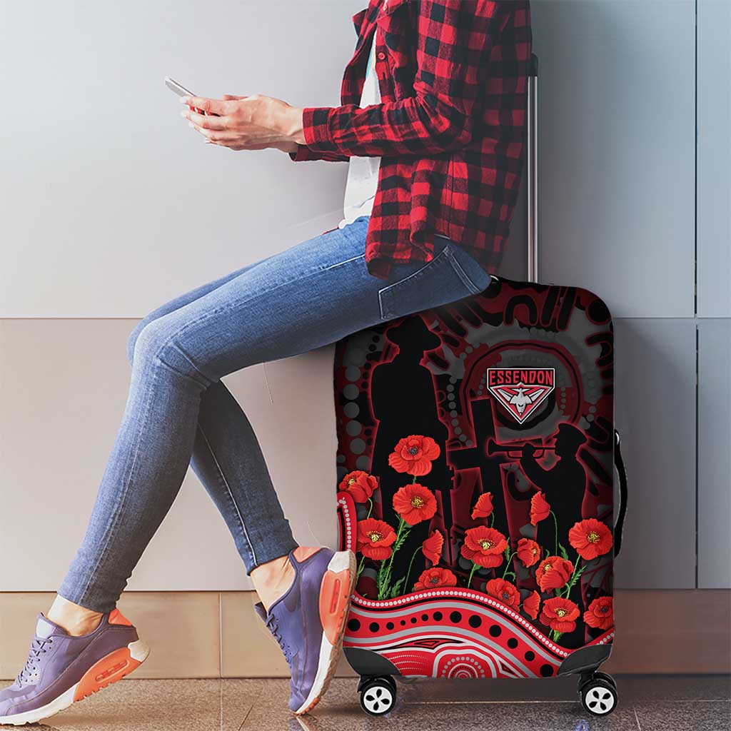 Essendon Bombers ANZAC Day Luggage Cover Indigenous Dot Art with Poppy Flower Tribute