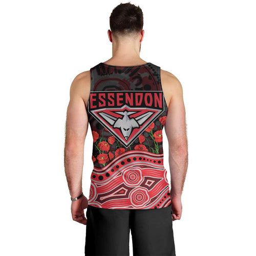 Essendon Bombers ANZAC Day Men Tank Top Indigenous Dot Art with Poppy Flower Tribute