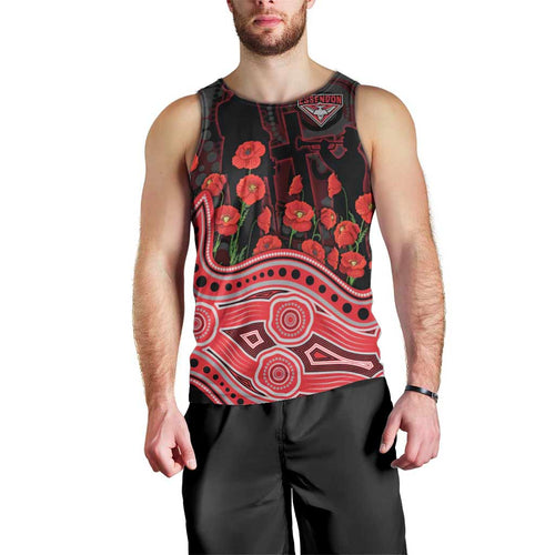 Essendon Bombers ANZAC Day Men Tank Top Indigenous Dot Art with Poppy Flower Tribute