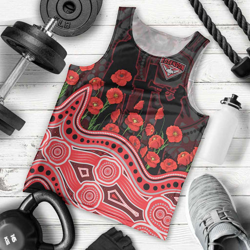 Essendon Bombers ANZAC Day Men Tank Top Indigenous Dot Art with Poppy Flower Tribute