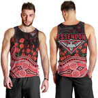 Essendon Bombers ANZAC Day Men Tank Top Indigenous Dot Art with Poppy Flower Tribute