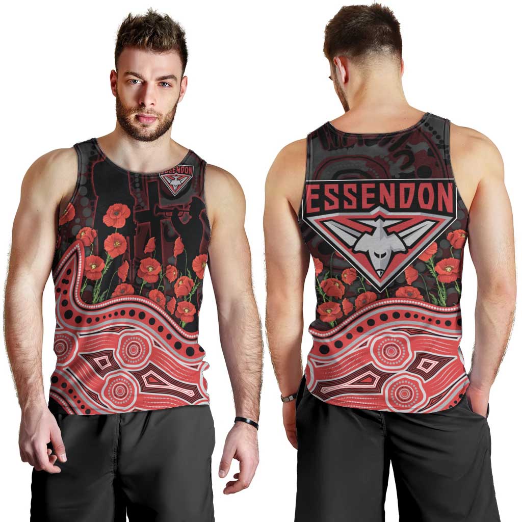 Essendon Bombers ANZAC Day Men Tank Top Indigenous Dot Art with Poppy Flower Tribute