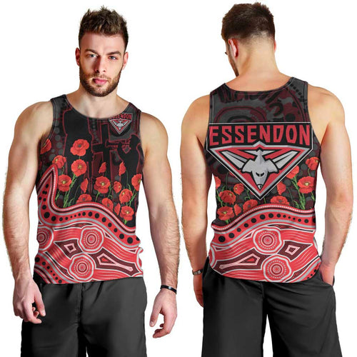 Essendon Bombers ANZAC Day Men Tank Top Indigenous Dot Art with Poppy Flower Tribute