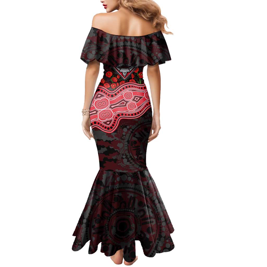 Essendon Bombers ANZAC Day Mermaid Dress Indigenous Dot Art with Poppy Flower Tribute