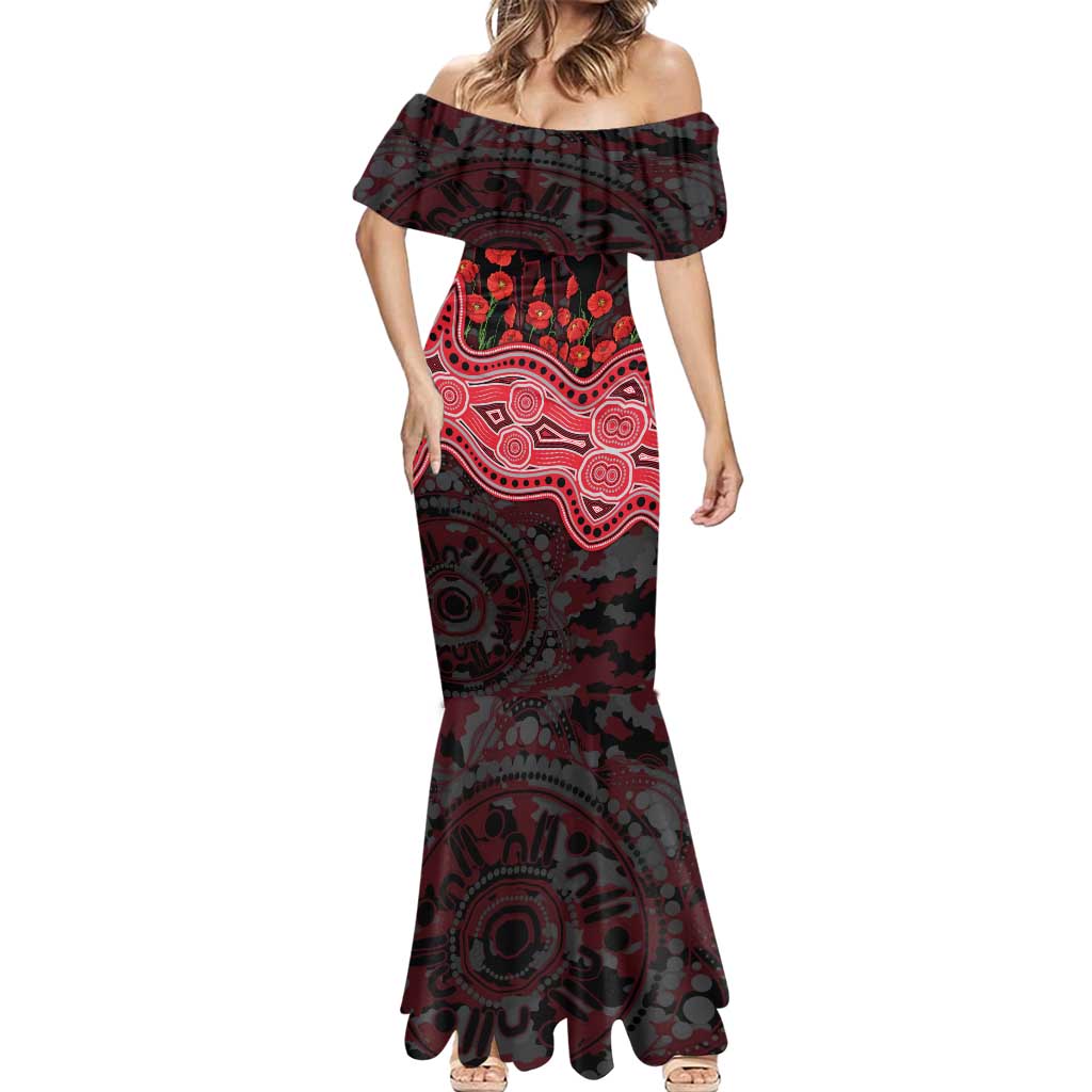 Essendon Bombers ANZAC Day Mermaid Dress Indigenous Dot Art with Poppy Flower Tribute