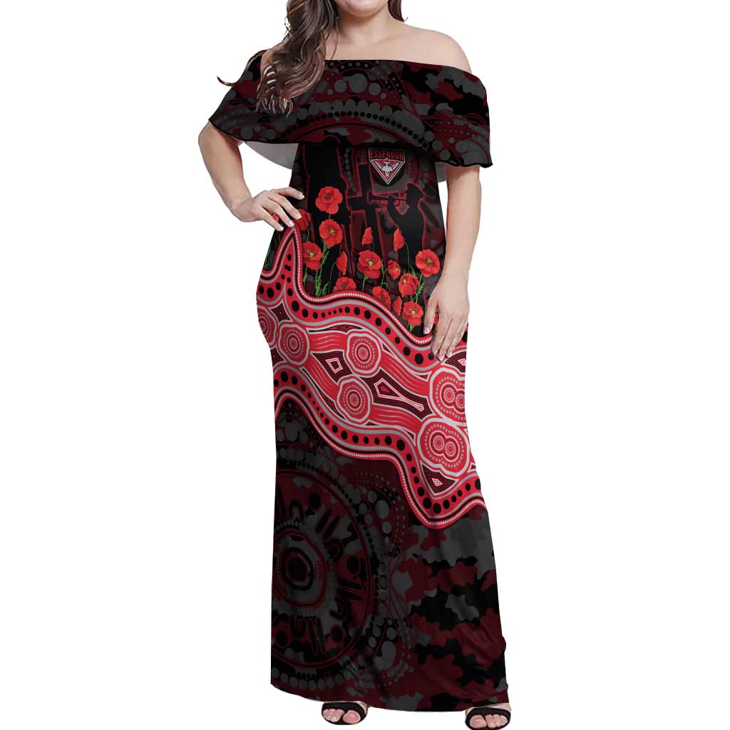 Essendon Bombers ANZAC Day Off Shoulder Maxi Dress Indigenous Dot Art with Poppy Flower Tribute