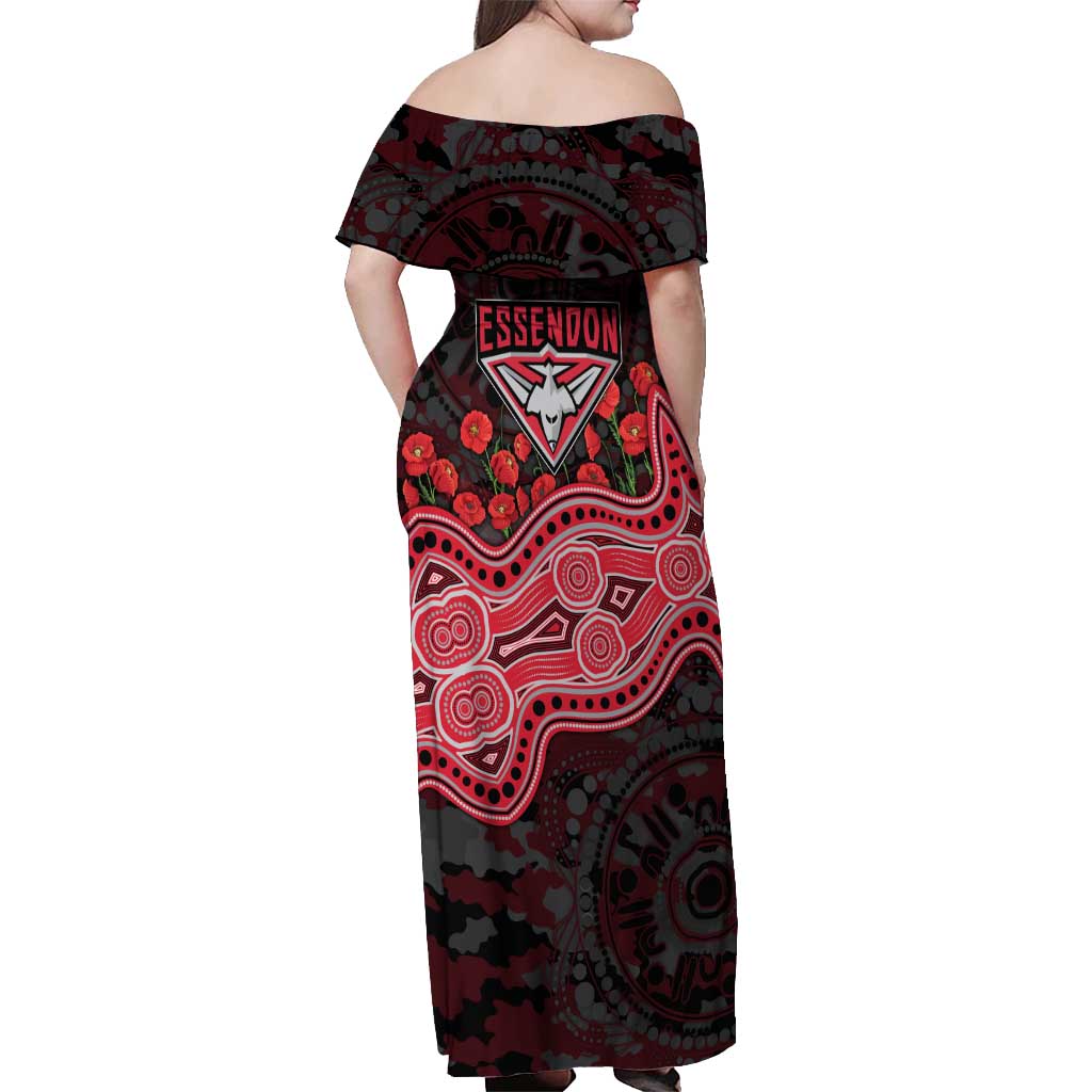 Essendon Bombers ANZAC Day Off Shoulder Maxi Dress Indigenous Dot Art with Poppy Flower Tribute