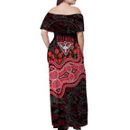 Essendon Bombers ANZAC Day Off Shoulder Maxi Dress Indigenous Dot Art with Poppy Flower Tribute
