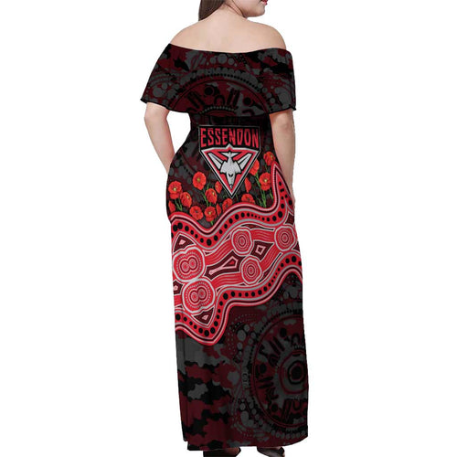 Essendon Bombers ANZAC Day Off Shoulder Maxi Dress Indigenous Dot Art with Poppy Flower Tribute