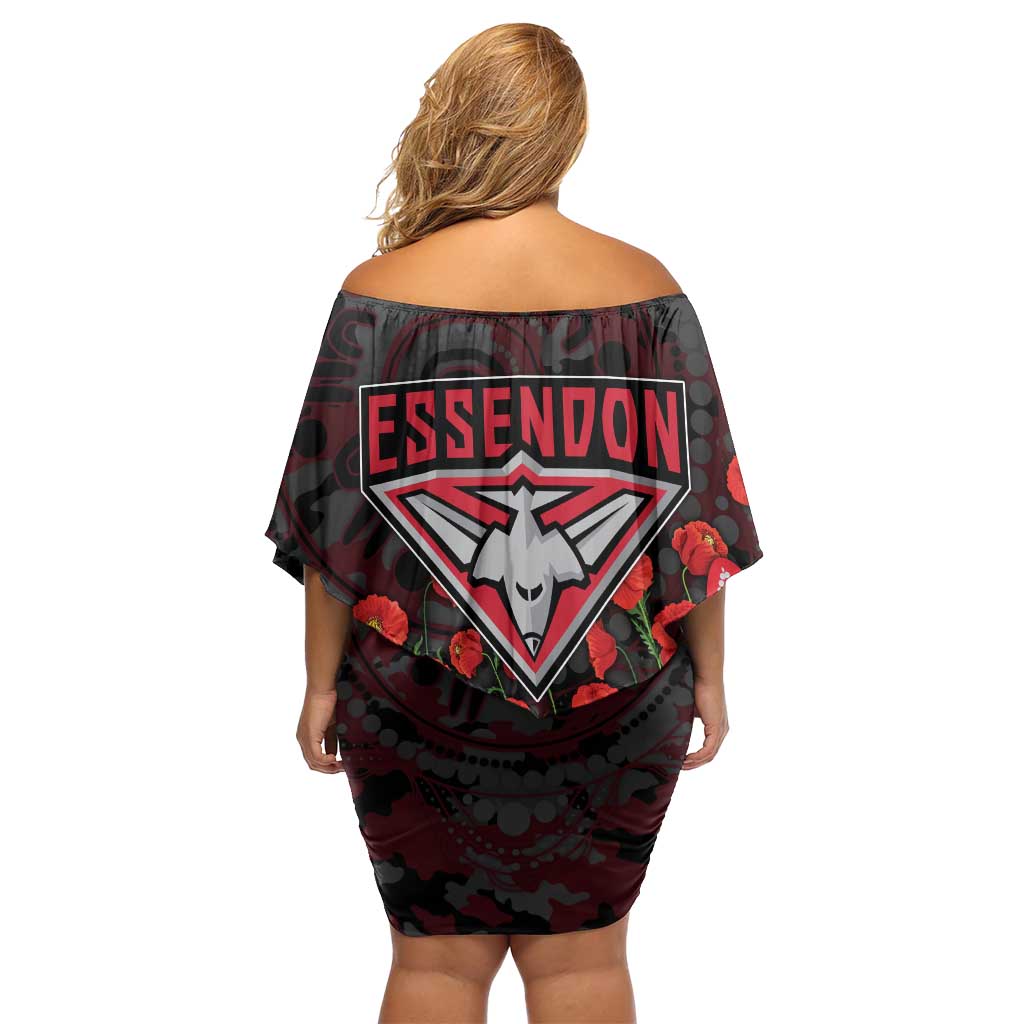 Essendon Bombers ANZAC Day Off Shoulder Short Dress Indigenous Dot Art with Poppy Flower Tribute