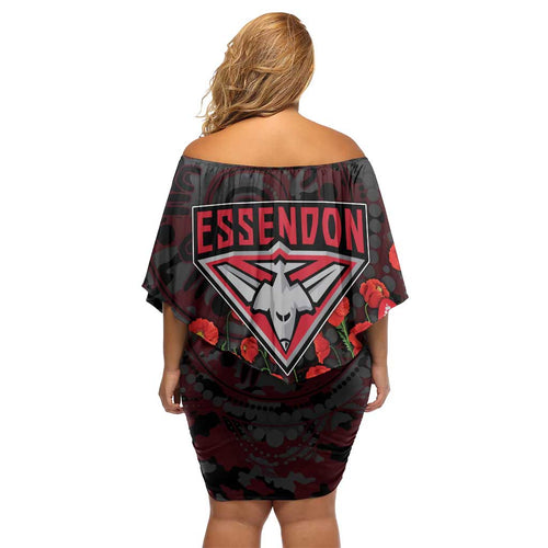 Essendon Bombers ANZAC Day Off Shoulder Short Dress Indigenous Dot Art with Poppy Flower Tribute