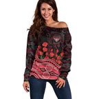 Essendon Bombers ANZAC Day Off Shoulder Sweater Indigenous Dot Art with Poppy Flower Tribute
