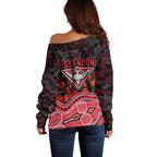 Essendon Bombers ANZAC Day Off Shoulder Sweater Indigenous Dot Art with Poppy Flower Tribute