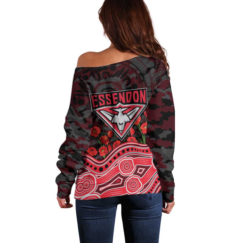 Essendon Bombers ANZAC Day Off Shoulder Sweater Indigenous Dot Art with Poppy Flower Tribute