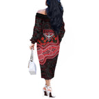 Essendon Bombers ANZAC Day Off The Shoulder Long Sleeve Dress Indigenous Dot Art with Poppy Flower Tribute