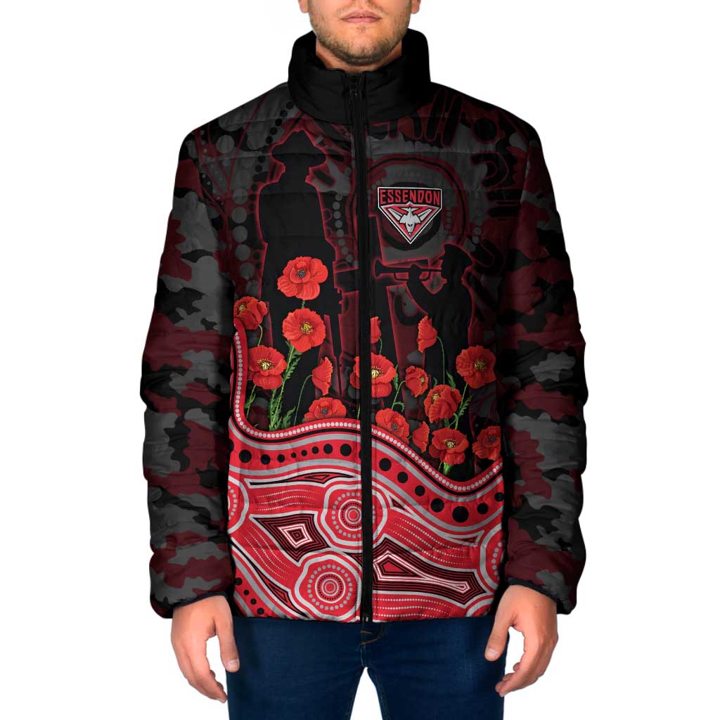 Essendon Bombers ANZAC Day Padded Jacket Indigenous Dot Art with Poppy Flower Tribute