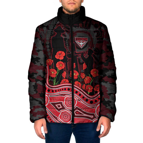 Essendon Bombers ANZAC Day Padded Jacket Indigenous Dot Art with Poppy Flower Tribute