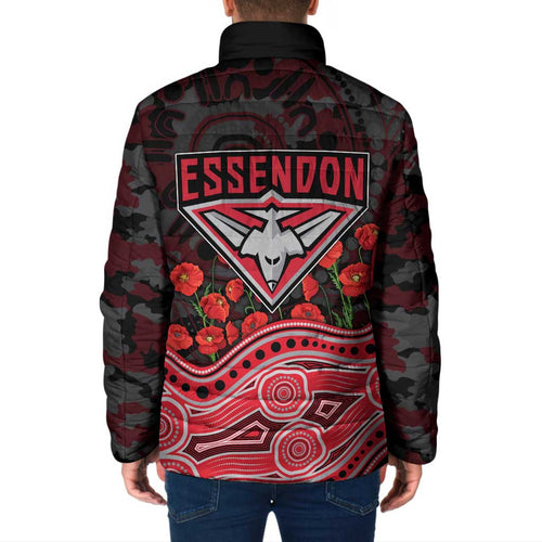 Essendon Bombers ANZAC Day Padded Jacket Indigenous Dot Art with Poppy Flower Tribute