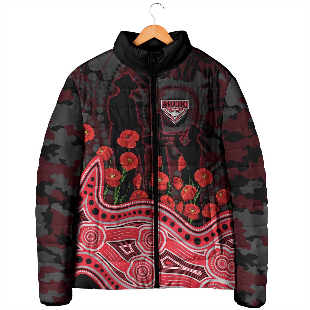 Essendon Bombers ANZAC Day Padded Jacket Indigenous Dot Art with Poppy Flower Tribute
