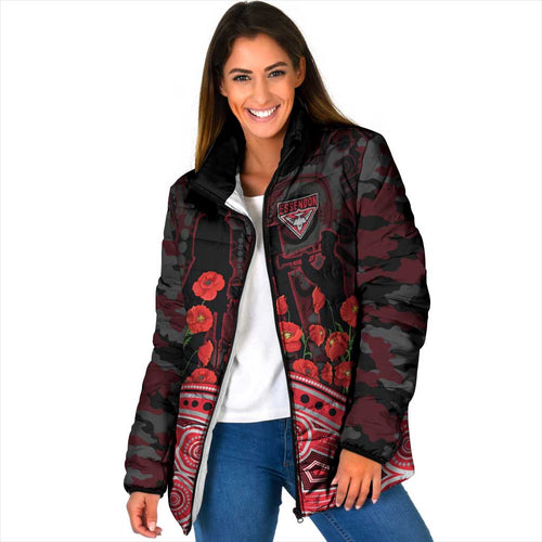 Essendon Bombers ANZAC Day Padded Jacket Indigenous Dot Art with Poppy Flower Tribute