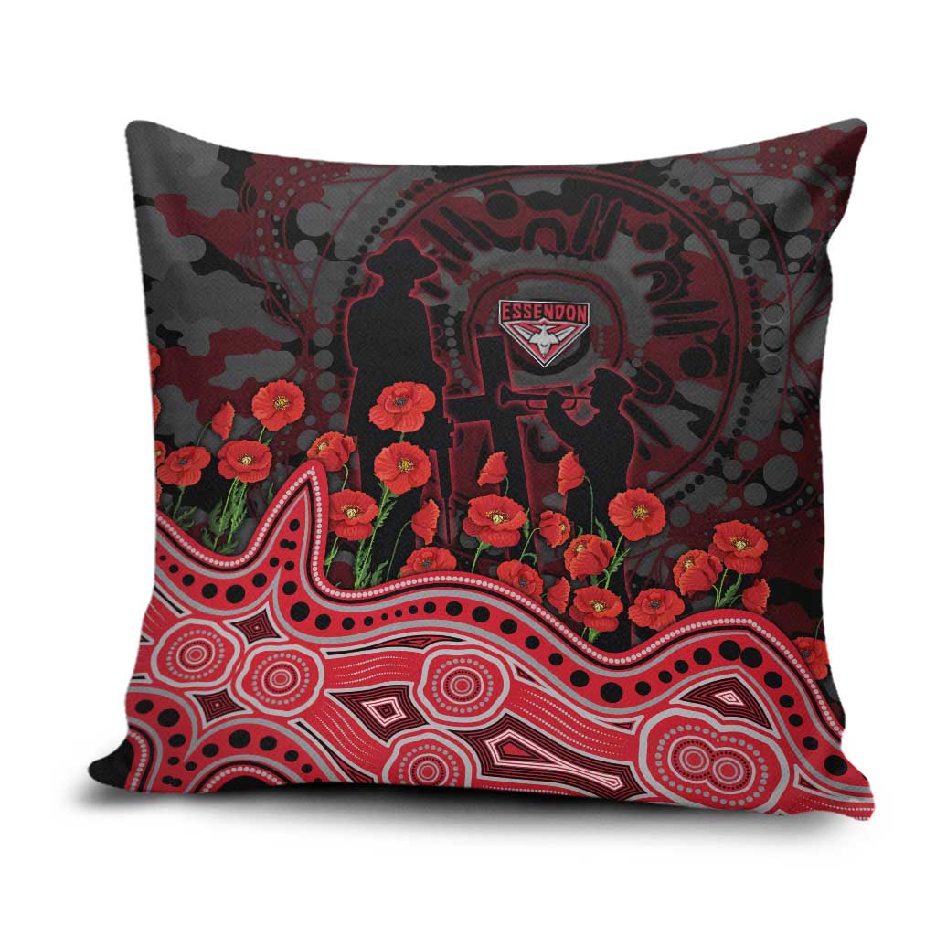 Essendon Bombers ANZAC Day Pillow Cover Indigenous Dot Art with Poppy Flower Tribute