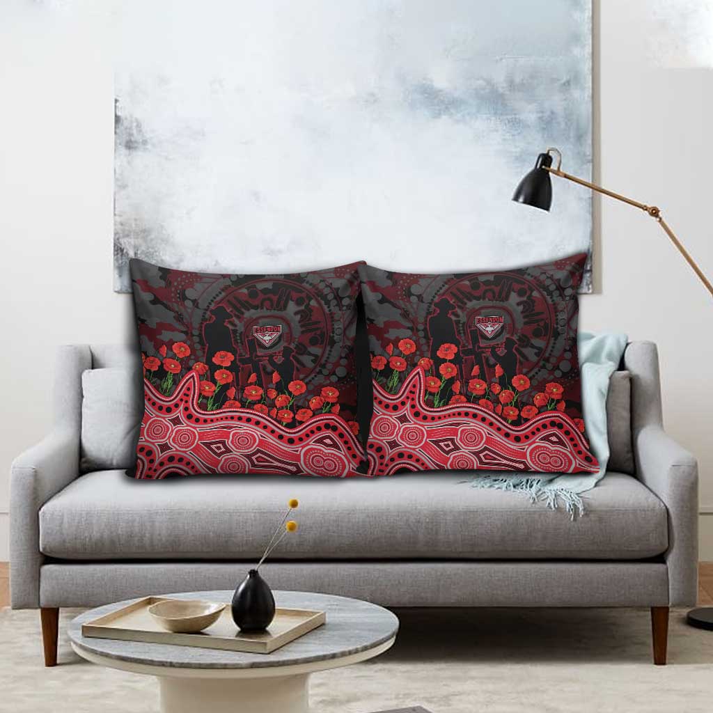 Essendon Bombers ANZAC Day Pillow Cover Indigenous Dot Art with Poppy Flower Tribute