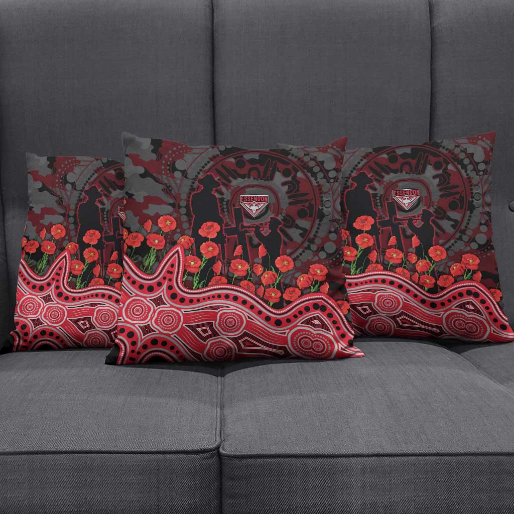 Essendon Bombers ANZAC Day Pillow Cover Indigenous Dot Art with Poppy Flower Tribute