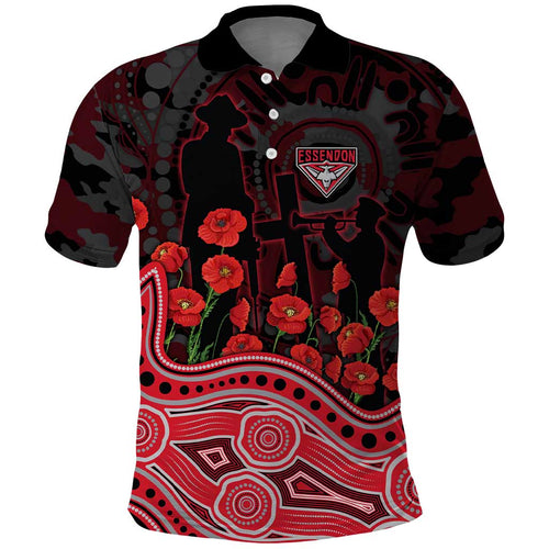 Essendon Bombers ANZAC Day Polo Shirt Indigenous Dot Art with Poppy Flower Tribute
