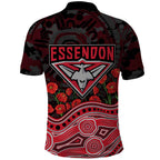 Essendon Bombers ANZAC Day Polo Shirt Indigenous Dot Art with Poppy Flower Tribute