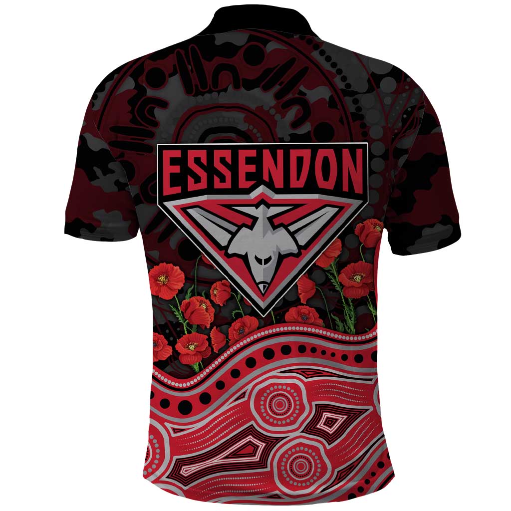 Essendon Bombers ANZAC Day Polo Shirt Indigenous Dot Art with Poppy Flower Tribute