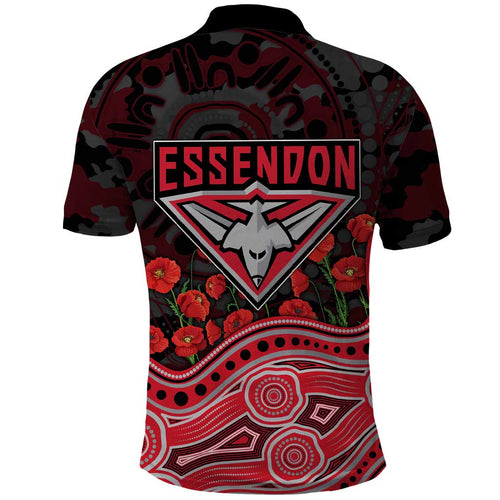 Essendon Bombers ANZAC Day Polo Shirt Indigenous Dot Art with Poppy Flower Tribute