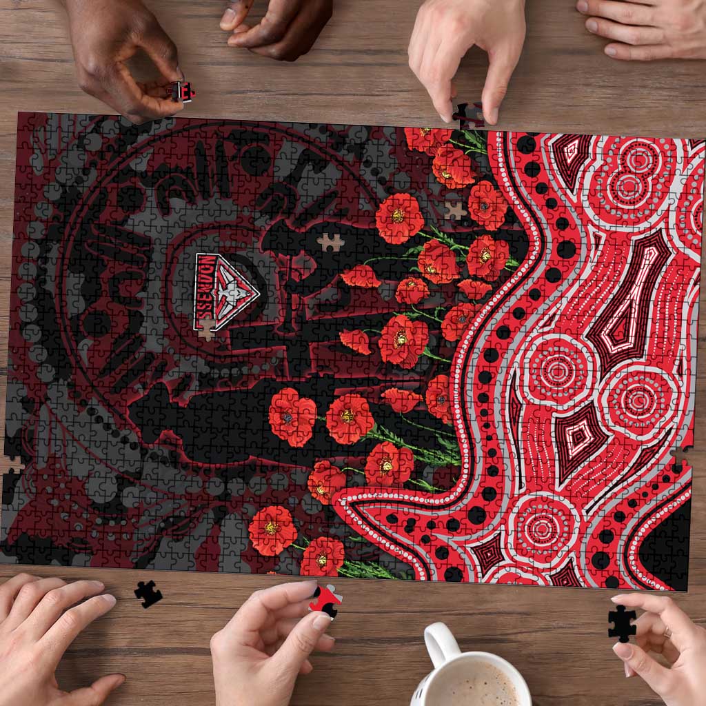 Essendon Bombers ANZAC Day Puzzle Indigenous Dot Art with Poppy Flower Tribute