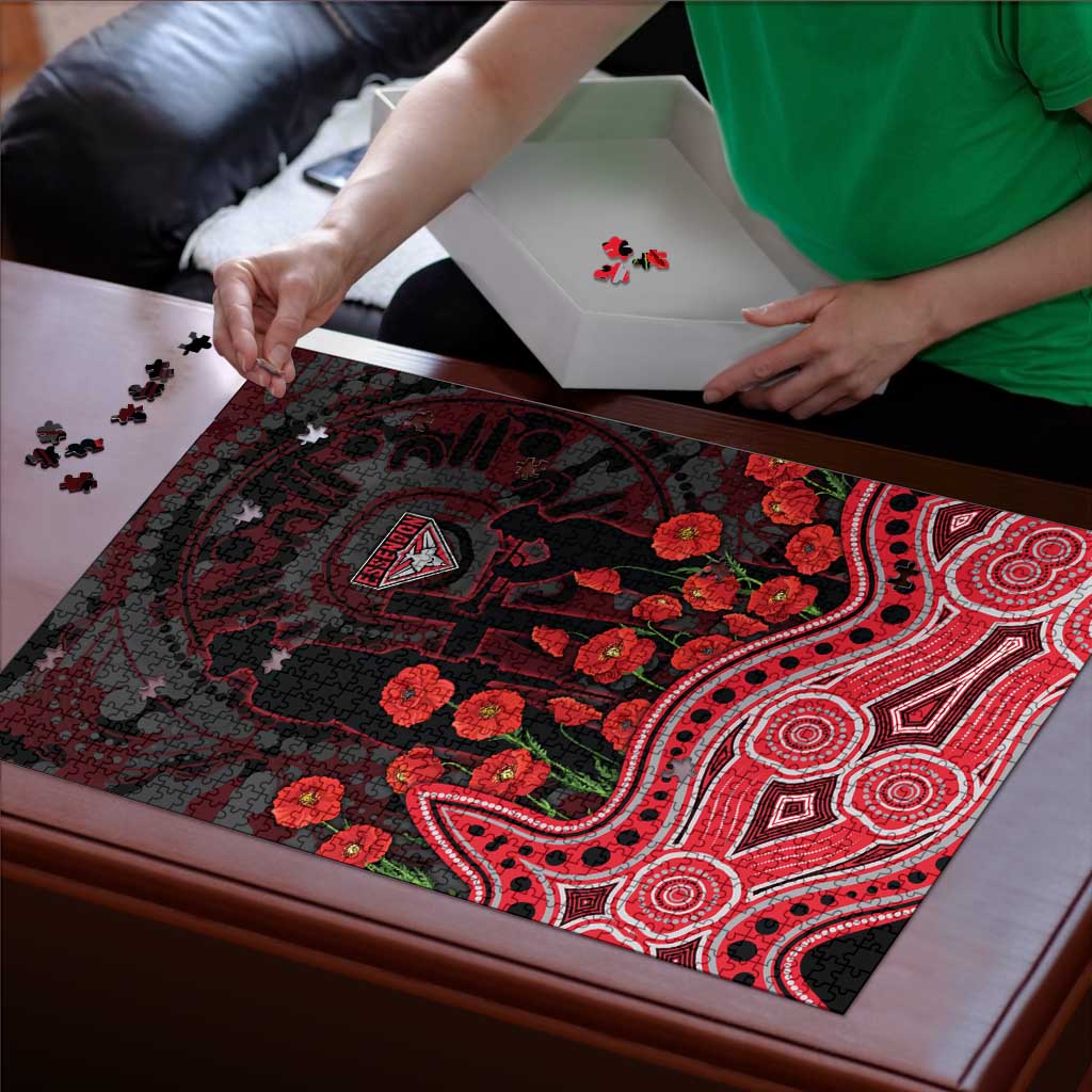 Essendon Bombers ANZAC Day Puzzle Indigenous Dot Art with Poppy Flower Tribute