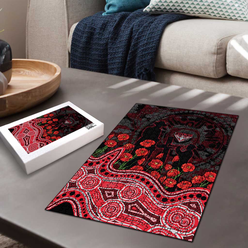 Essendon Bombers ANZAC Day Puzzle Indigenous Dot Art with Poppy Flower Tribute