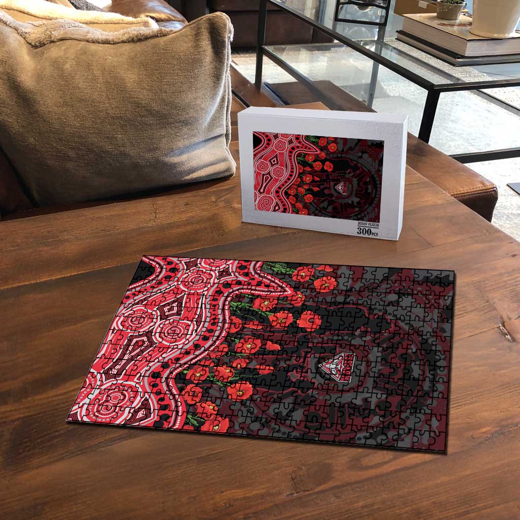 Essendon Bombers ANZAC Day Puzzle Indigenous Dot Art with Poppy Flower Tribute