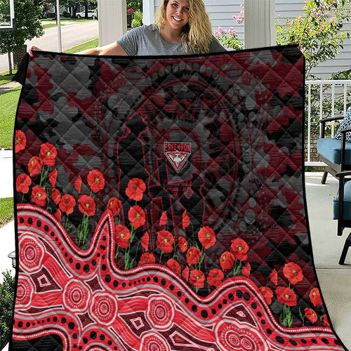 Essendon Bombers ANZAC Day Quilt Indigenous Dot Art with Poppy Flower Tribute