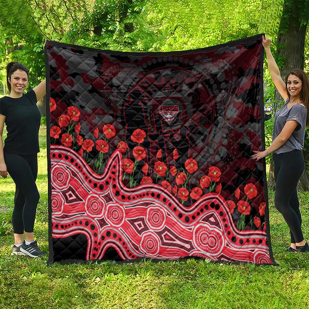 Essendon Bombers ANZAC Day Quilt Indigenous Dot Art with Poppy Flower Tribute