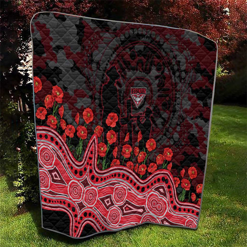 Essendon Bombers ANZAC Day Quilt Indigenous Dot Art with Poppy Flower Tribute