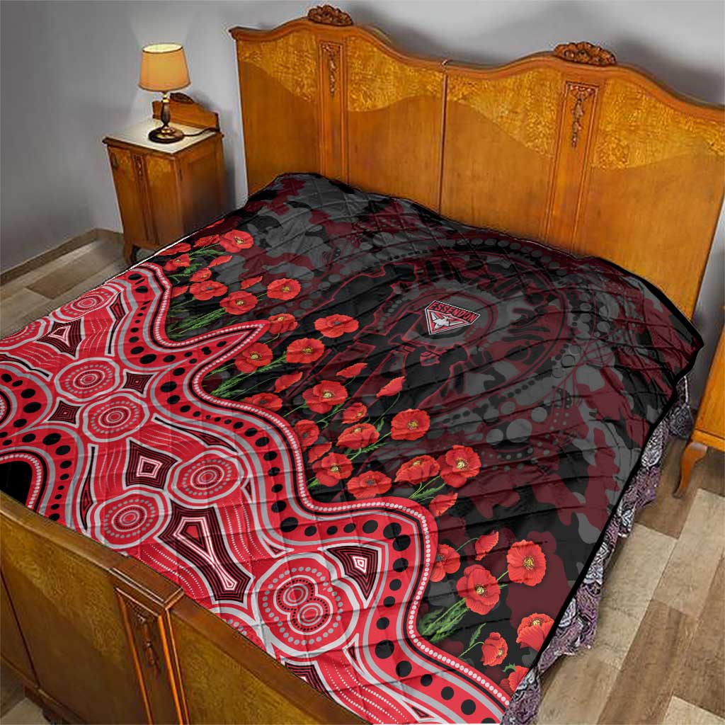 Essendon Bombers ANZAC Day Quilt Indigenous Dot Art with Poppy Flower Tribute