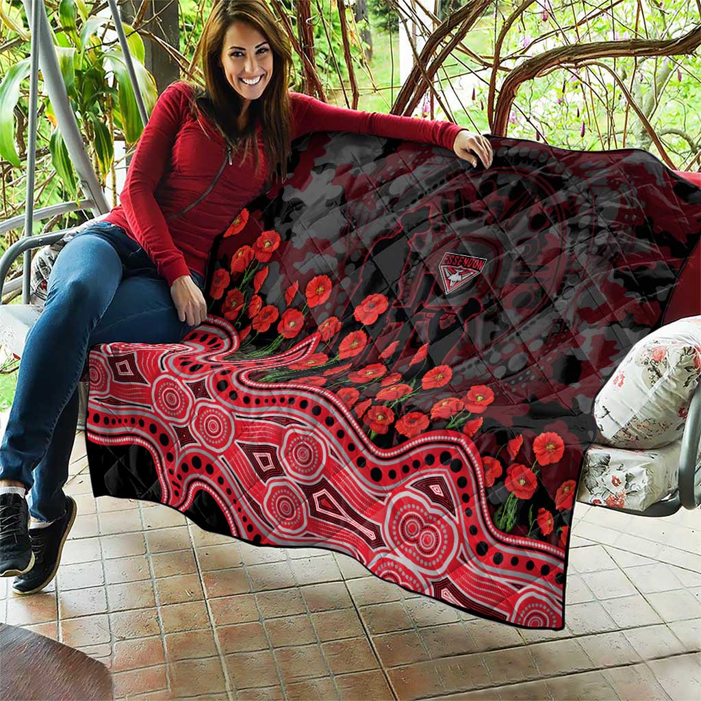 Essendon Bombers ANZAC Day Quilt Indigenous Dot Art with Poppy Flower Tribute