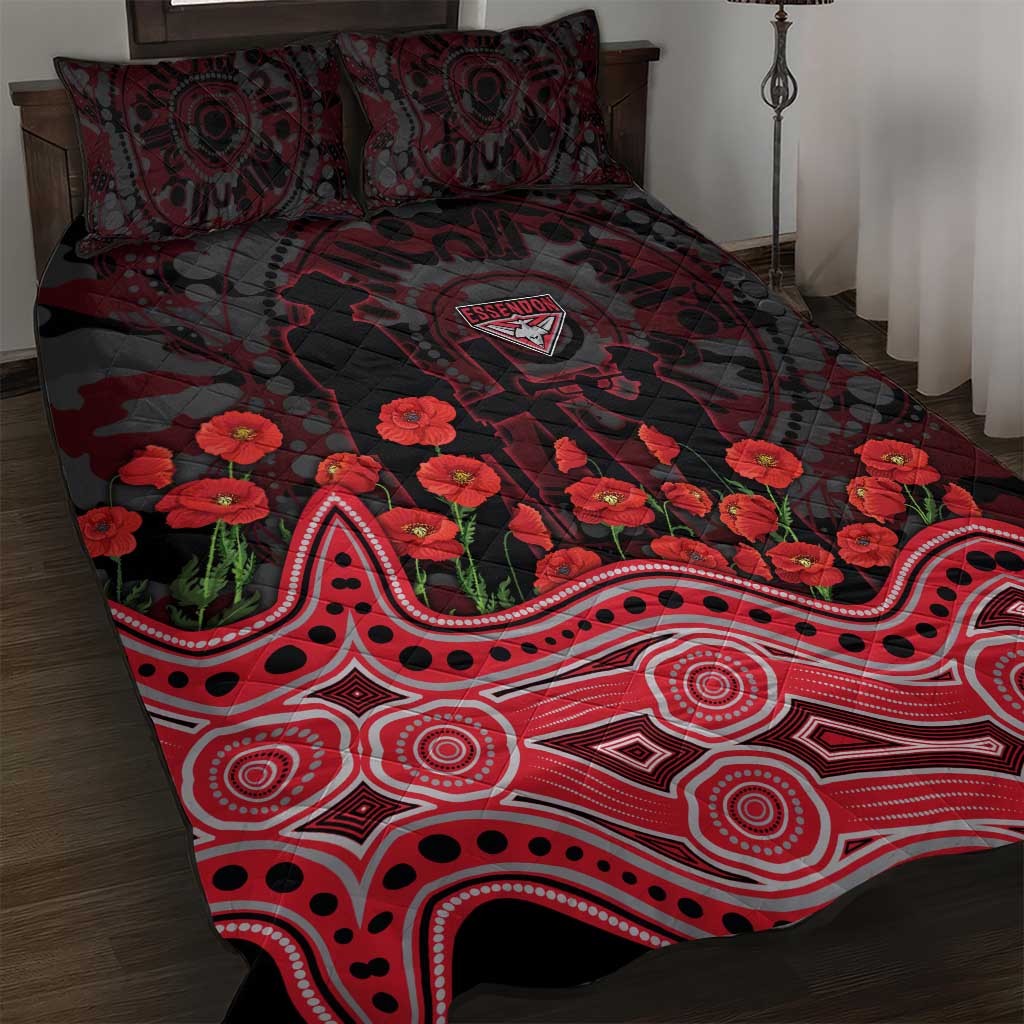 Essendon Bombers ANZAC Day Quilt Bed Set Indigenous Dot Art with Poppy Flower Tribute